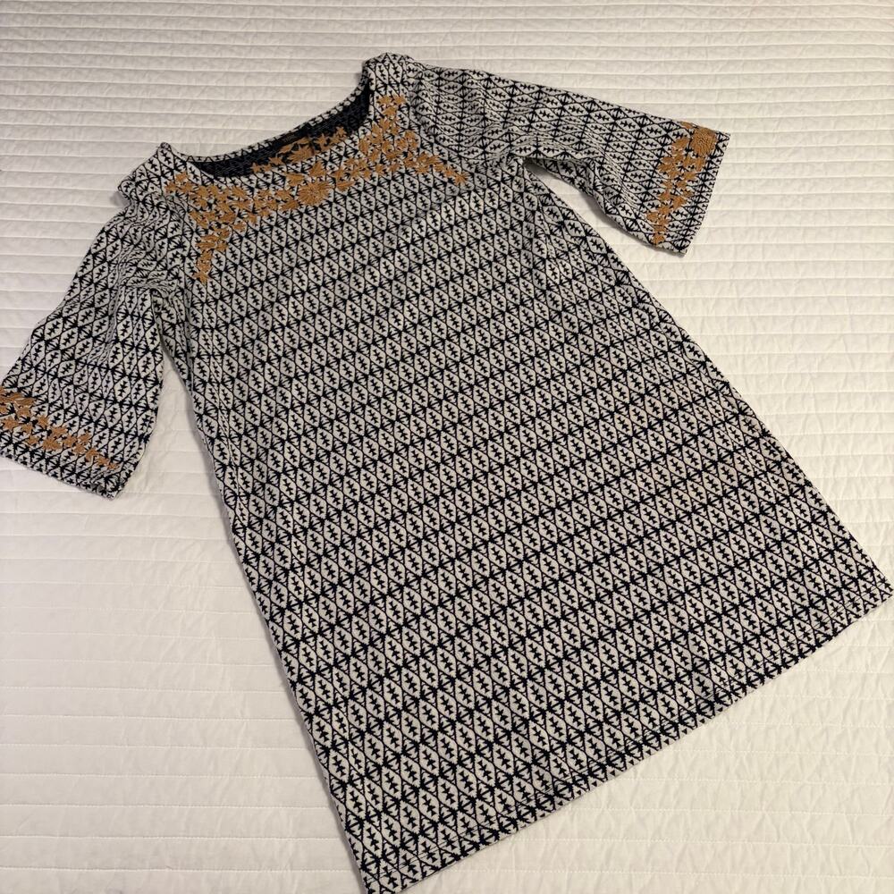 THML Navy and Gold Embroidered 3/4 Sleeve Knit Dress Womens Large